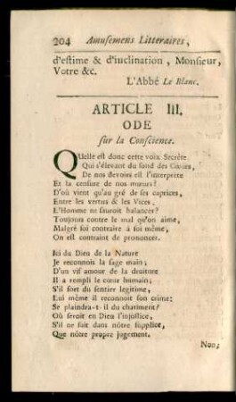 Article III. Ode sur la Conscience