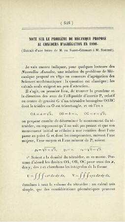 Note sur le problème de mécanique proposé au concours d'agrégation en 1890. (Extrait d'une lettre de M. De Saint-Germain à M. Rouché).