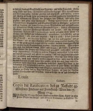 Copia der Ratification des zu Rastadt geschlossenen Friedens mit Franckreich / Wien den 17. Mertz 1714.