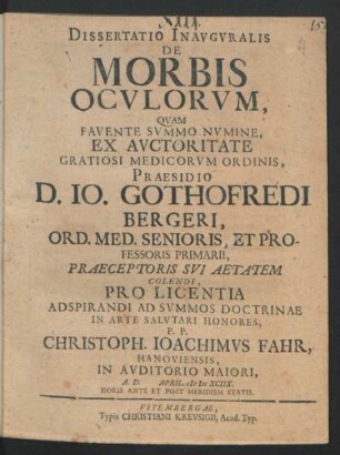 Dissertatio Inauguralis De Morbis Oculorum