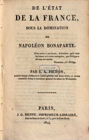 De létat de la France, sous la domination de Napoléon Bonaparte