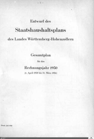 Staatshaushaltsplan Württemberg-Hohenzollern 1950