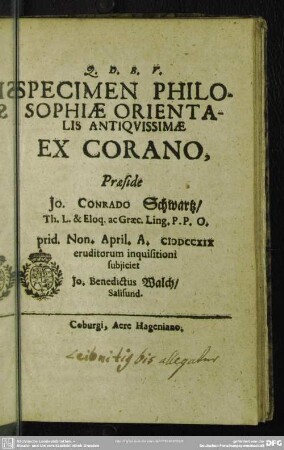 Specimen Philosophiae Orientalis Antiquissimae Ex Corano