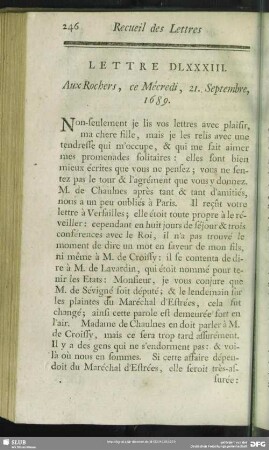 Lettre DLXXXIII. Aux Rochers, ce Mécredi, 21. Septembre, 1689