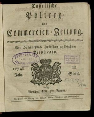 1tes Stueck, Montag den 3ten Januar 1774