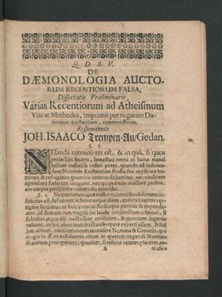 De Daemonologia Auctorum Regentiorum Falsa, Dissertatio Praeleminaris ... Respondente Joh. Isaaco Trempen-Au ...