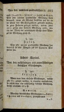 Achtes Kapitel. Von den vollständigen und unvollständigen kubischen Gleichungen.