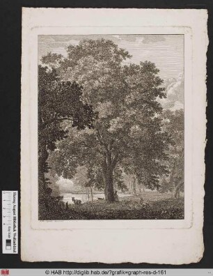 Hirte mit Ziegen und einem Rind am Ufer eines Sees in bewaldeter Landschaft.