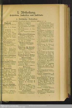 I. Abtheilung. Behördenverzeichnis : I. Abtheilung. Behörden, Anstalten und Institute