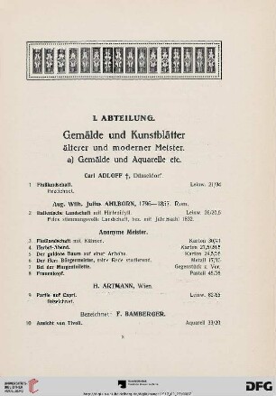 a) Gemälde und Aquarelle etc. (Nr. 1-242)