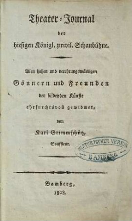 Theater-Journal der hiesigen königl. privil. Schaubühne, 1808