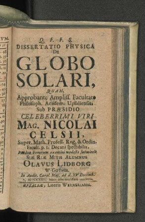 Dissertatio Physica De Globo Solari