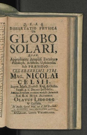 Dissertatio Physica De Globo Solari