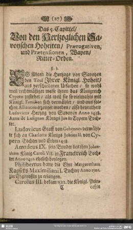 Das 5. Capittel, Von den Hertzoglichen Savoyschen Hoheiten, Praerogativen, und Praetensionen, Wapen, Ritter-Orden