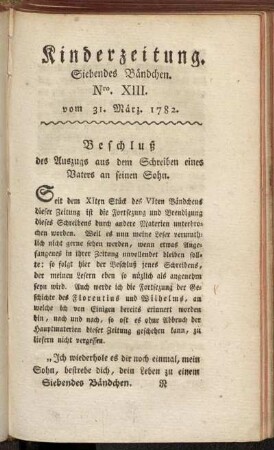 Kinderzeitung. Siebendes Bändchen. Nro. XIII. vom 31. März. 1782