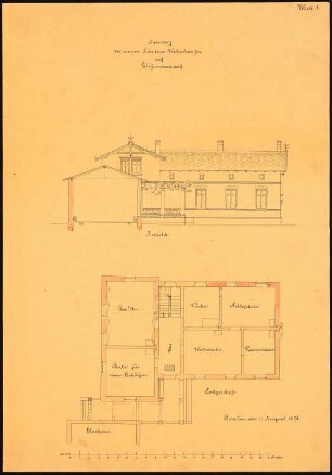 Herrenhaus, Gießmannsdorf Gärtnerwohnhaus: Grundriss Erdgeschoss; Aufriss Vorderansicht mit Schnitt durch das Treibhaus; Maßstabsleiste