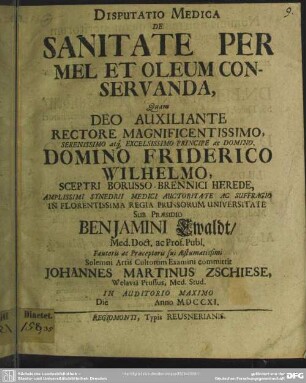 Dissertatio Medica De Sanitate Per Mel Et Oleum Conservanda