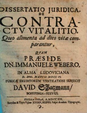 Diss. iur. de contractu vitalitio, quo alimenta ad dies vitae comparantur