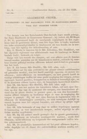 Algemeene order. Wijzigingen in het reglement voor de garnizoens dienst, voor het Indische Leger