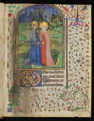 Vollbordürenseite mit Miniatur (Heimsuchung), Initiale D und Fadenrankenbordüre
