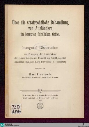 Über die strafrechtliche Behandlung von Ausländern im besetzten feindlichen Gebiet