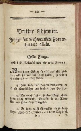 Dritter Abschnitt. Fragen für verheyrathete Frauenzimmer allein.