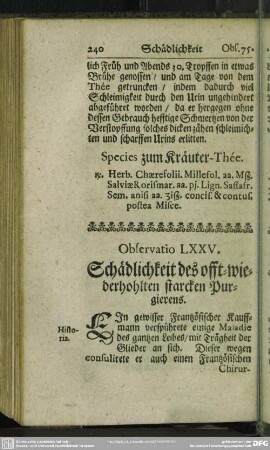 Observatio LXXV. Schädlichkeit des offt-wiederhohlten starcken Purgierens