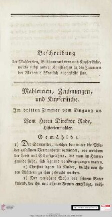 Mahlereien, Zeichnungen, und Kupferstiche
