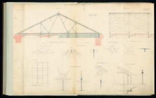 Eisenkonstruktion zur Überdeckung eines Saales Monatskonkurrenz Mai 1867: Grundriss 1:120, Aufriss: Konstruktionsskizze, Seitenansicht 1:32, zahlreiche Konstruktionsdetails 1:12; 3 Maßstabsleisten