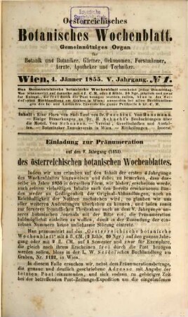Österreichisches botanisches Wochenblatt : gemeinnütziges Organ für Botanik und Botaniker, Gärtner, Oekonomen, Forstmänner, Aerzte, Apotheker u. Techniker. 5. 1855