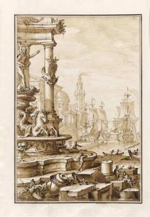 Architekturphantasie mit Brunnenanlage vor einem Hafen, aus den "Disegni di Prospettiva Ideale", Bl. 44