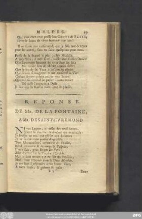 Réponse De Mr. De La Fontaine, A Mr. Desaint-Evremond.