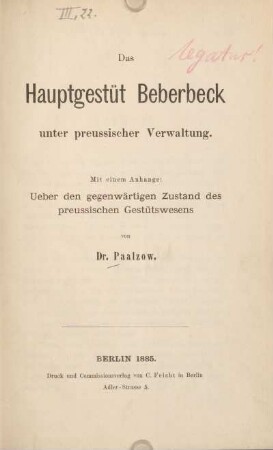 Das Hauptgestüt Beberbeck unter preussischer Verwaltung