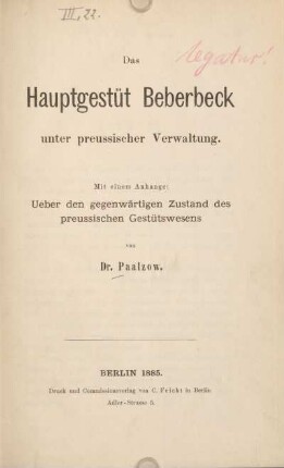 Das Hauptgestüt Beberbeck unter preussischer Verwaltung