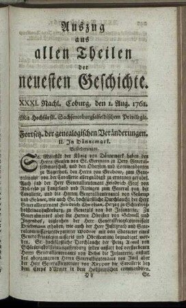 XXXI. Nachl. Coburg, den 1. Aug. 1761.