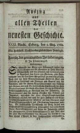 XXXI. Nachl. Coburg, den 1. Aug. 1761.