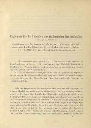 Reglement für die Redaction der akademischen Druckschriften (zu § 41 der Statuten)