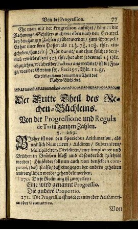 Von der Progressione und Regula de Tri in ganzen Zahlen.