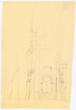 Bergkirche der Evangelisch-reformierten Gemeinde Osnabrück: Grundriss (Skizze) Treppe mit Strebepfeiler, Aufriss des Eingangsbereichs mit Strebepfeiler, Schnitt Strebepfeiler