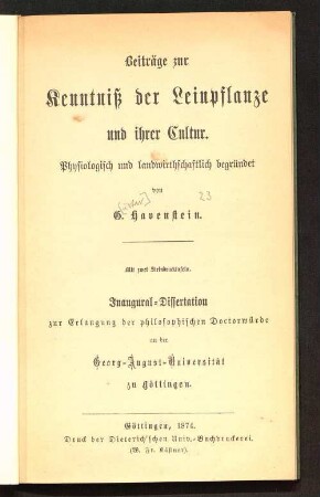 Beiträge zur Kenntniß der Leinpflanze und ihrer Cultur : physiologisch und landwirthschaftlich begründet