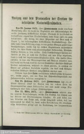 Auszug aus den Protocollen der Section für descriptive Naturwissenschaften
