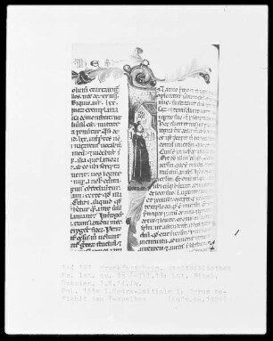 Ms. lat. qu. 25 (III. 1): Lateinische Bibel, folio 151 verso, Esdra-Initiale I: Cyrus befiehlt den Tempelbau