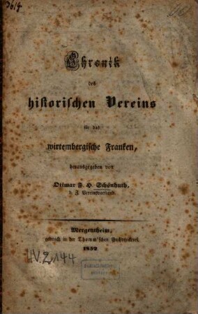 Chronik des historischen Vereins für das wirtembergische Franken
