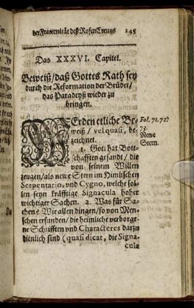 Das XXXVI. Capitel. Beweiß, daß Gottes Rath sey durch die Reformation der Brüder, das Paradeyß wieder zu bringen.