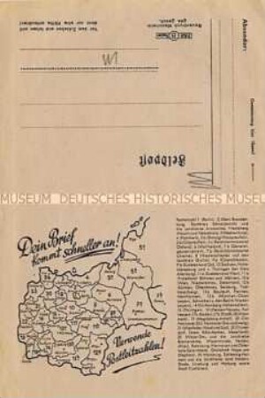 Vordruck für einen Feldpostbrief mit Werbung für die Verwendung von Postleitzahlen (blanko)