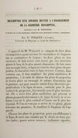 Descruotuib d´un appareil destinè a l´enseignement de la géométrie descriptive.