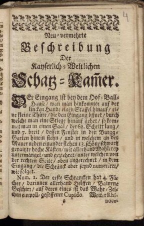 Neu-vermehrte Beschreibung der Kayserlich-Weltlichen Schatz-Kam[m]er