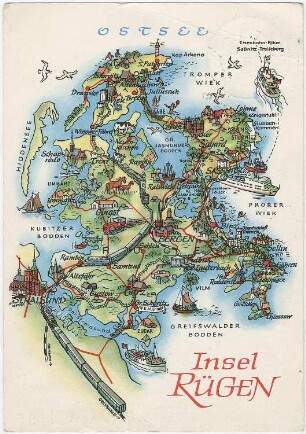 Insel Rügen (Landschaft). Schematische Übersichtskarte der Insel Rügen, Ansichtskarte