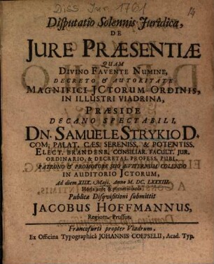 Disputatio Solennis Juridica, De Jure Praesentiae