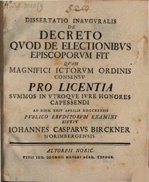 Dissertatio Inavgvralis De Decreto Qvod De Electionibvs Episcoporvm fit